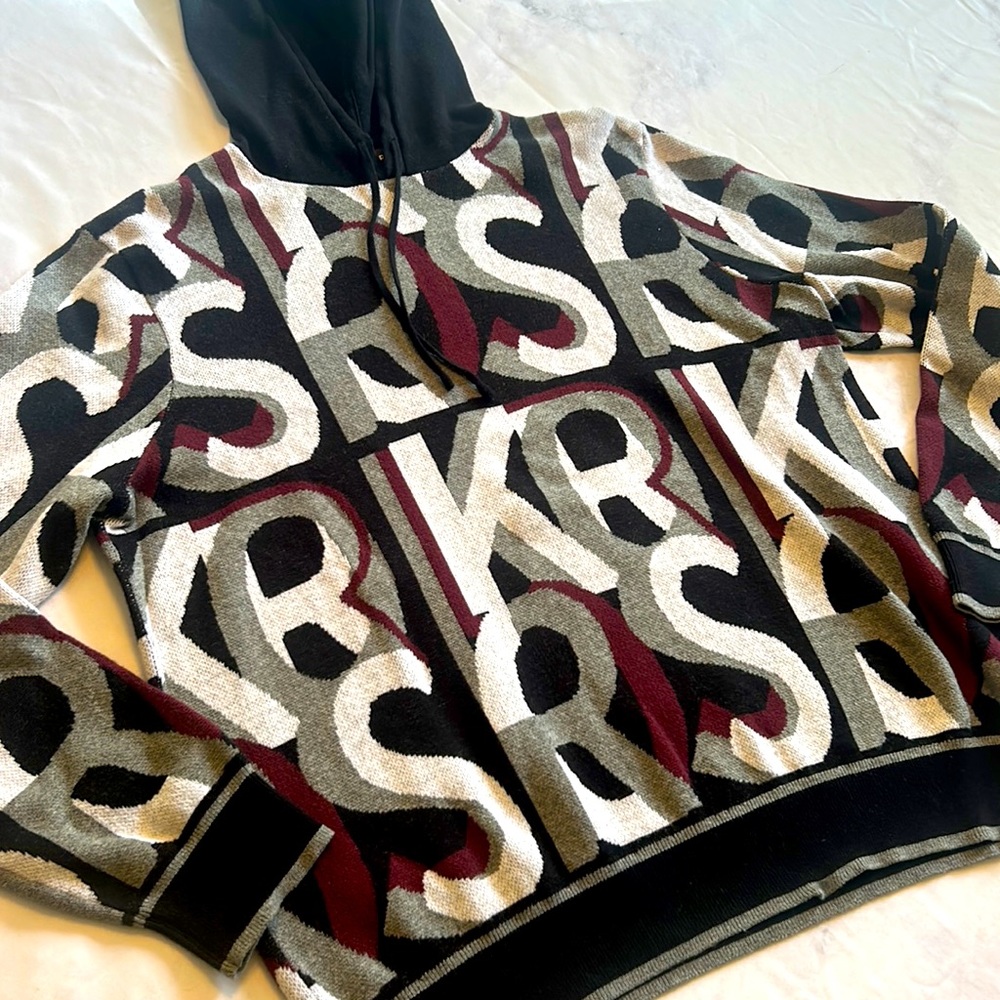 Michael Kors hooded logo knit sweater in black white burgundy and gray